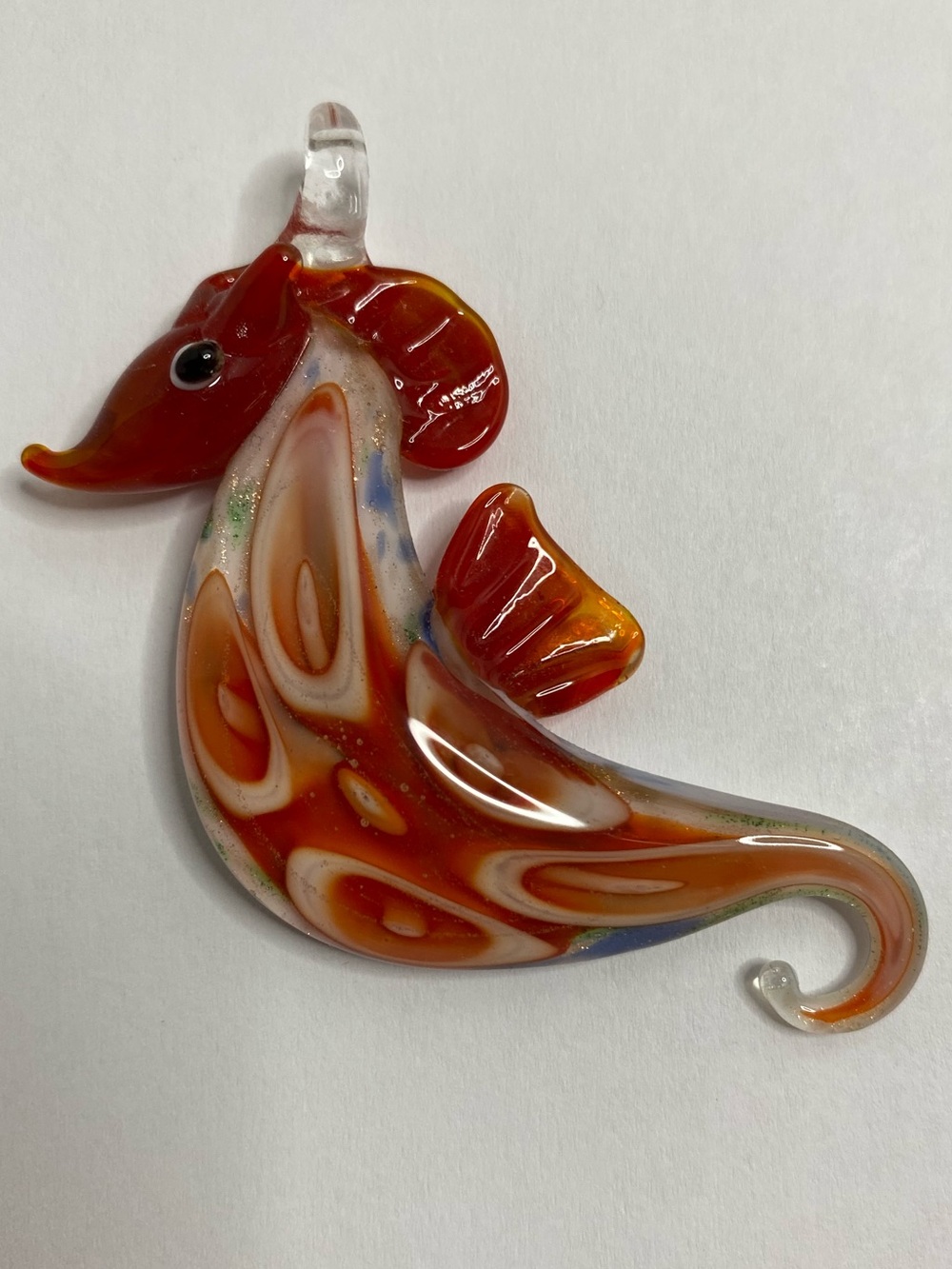 Hand Blown Art Glass Seahorse Pendant Orange White Swirl Lampwork Ocean Nautical